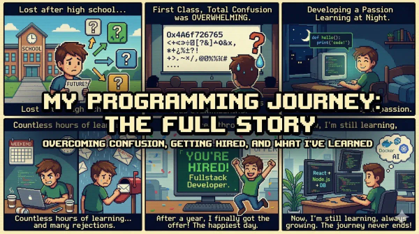 Komiks w pixel arcie przedstawiający drogę w programowaniu - od zagubienia po szkole, przez naukę nocami, odrzucenia, zatrudnienie jako fullstack developer, aż po ciągły rozwój