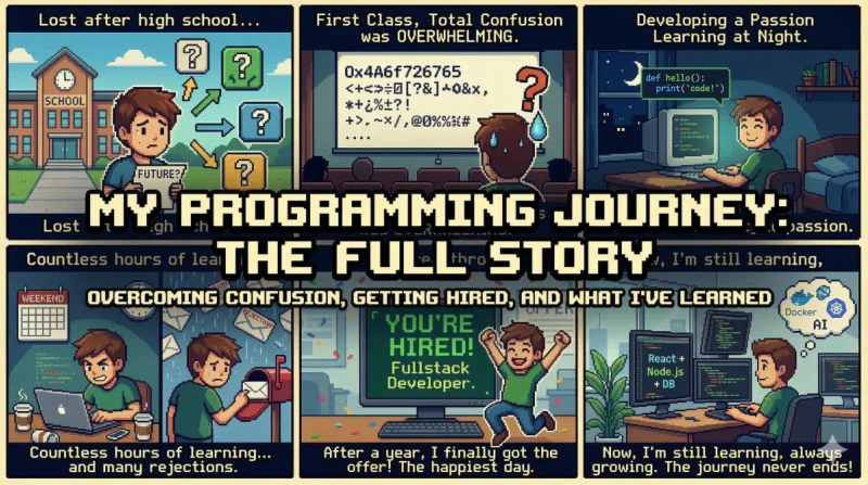 Komiks w pixel arcie przedstawiający drogę w programowaniu - od zagubienia po szkole, przez naukę nocami, odrzucenia, zatrudnienie jako fullstack developer, aż po ciągły rozwój
